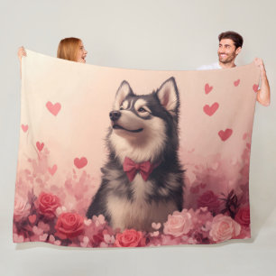 Alaskan Malamute with Roses - Valentine's Day Fleece Blanket