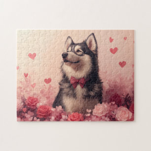 Alaskan Malamute with Roses - Valentine's Day Jigsaw Puzzle
