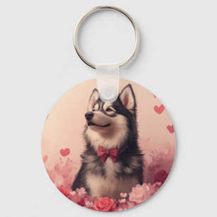 Alaskan Malamute with Roses - Valentine's Day Keychain