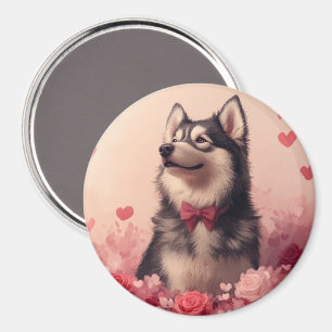 Alaskan Malamute with Roses - Valentine's Day Magnet