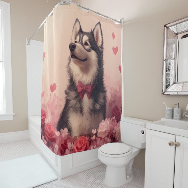 Alaskan Malamute with Roses - Valentine's Day  Shower Curtain (In Situ)