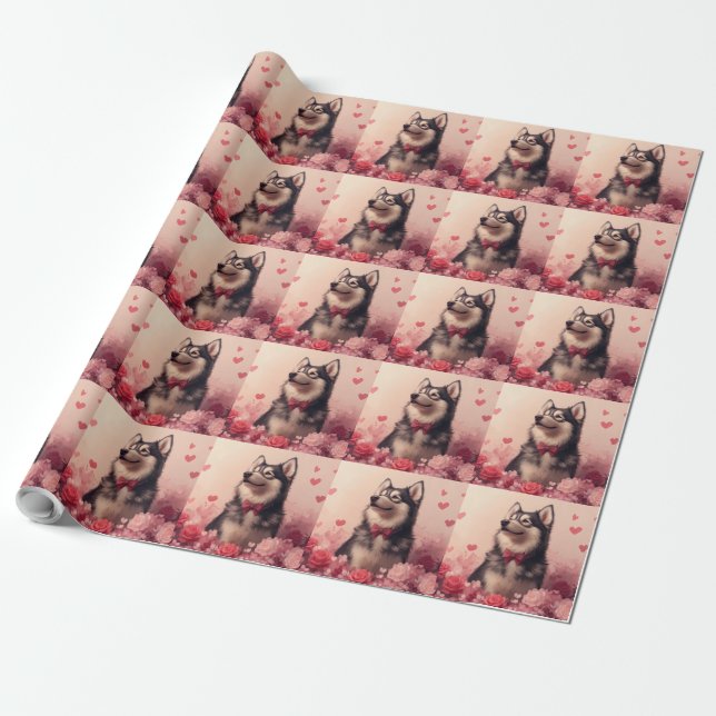 Alaskan Malamute with Roses - Valentine's Day  Wrapping Paper (Unrolled)