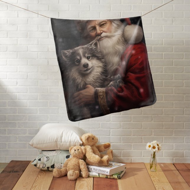 Alaskan Malamute with Santa Claus Christmas Baby Blanket (In Situ)
