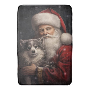 Alaskan Malamute with Santa Claus Christmas Bath Mat