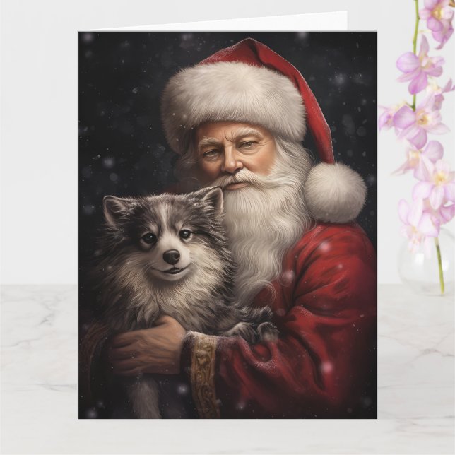 Alaskan Malamute with Santa Claus Christmas Card (Orchid)