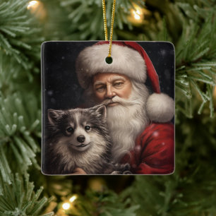 Alaskan Malamute with Santa Claus Christmas Ceramic Ornament
