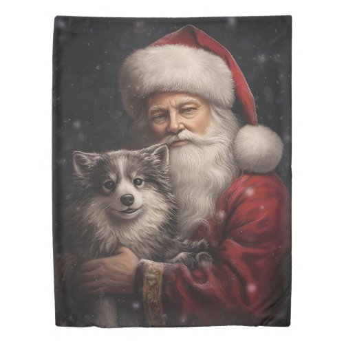 Alaskan Malamute with Santa Claus Christmas Duvet Cover