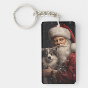 Alaskan Malamute with Santa Claus Christmas Keychain