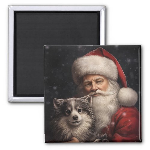 Alaskan Malamute with Santa Claus Christmas Magnet
