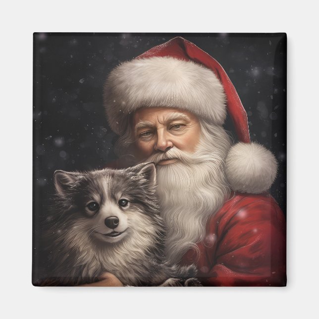 Alaskan Malamute with Santa Claus Christmas Magnet (Front)