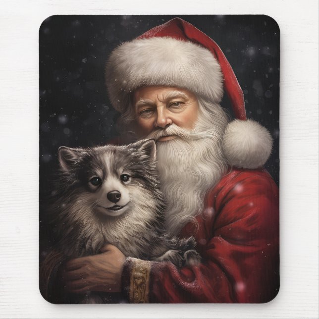 Alaskan Malamute with Santa Claus Christmas Mouse Pad (Front)