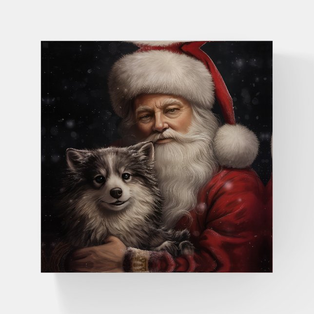 Alaskan Malamute with Santa Claus Christmas Paperweight (Front)