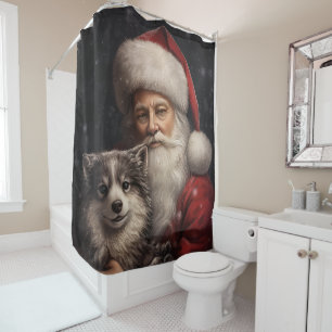 Alaskan Malamute with Santa Claus Christmas Shower Curtain