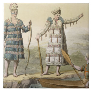 Alaskan man and woman (colour engraving) tile