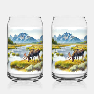 Alaskan Moose Digital Watercolor Drinkware Set Can Glass