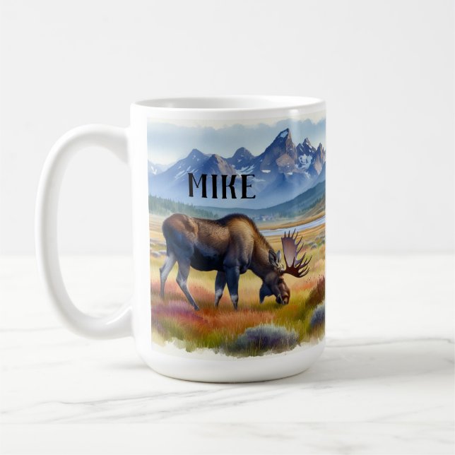 Alaskan Moose Personalized Watercolor Coffee Mug (Left)