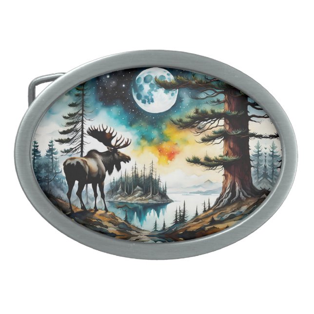 Alaskan Moose Standing on Mountain Ridge Belt Buckle (Front)