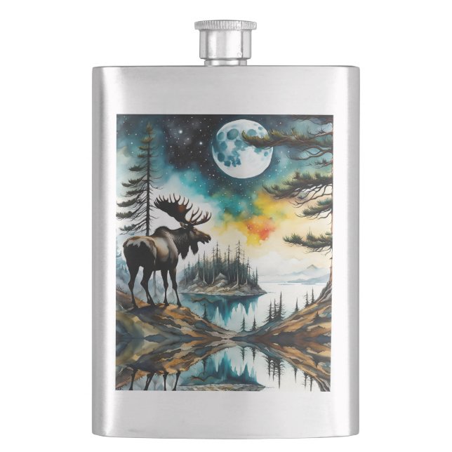 Alaskan Moose Standing on Mountain Ridge Flask (Front)