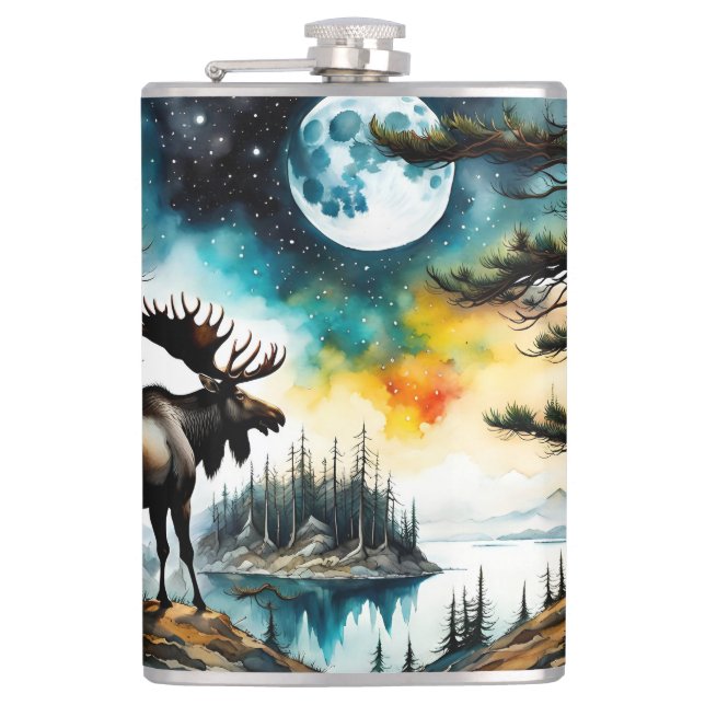 Alaskan Moose Standing on Mountain Ridge Flask (Front)