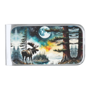 Alaskan Moose Standing on Mountain Ridge Silver Finish Money Clip