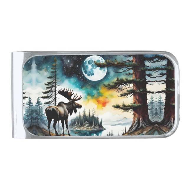 Alaskan Moose Standing on Mountain Ridge Silver Finish Money Clip (Front)