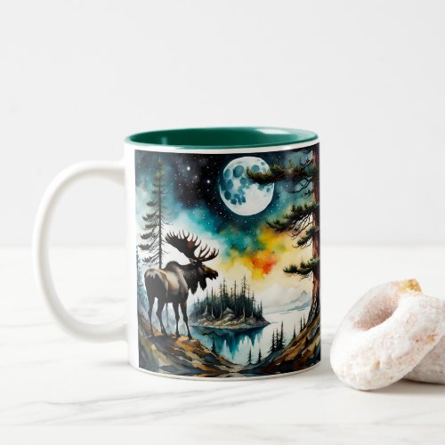 Alaskan Moose Standing on Mountain Ridge Two_Tone Coffee Mug