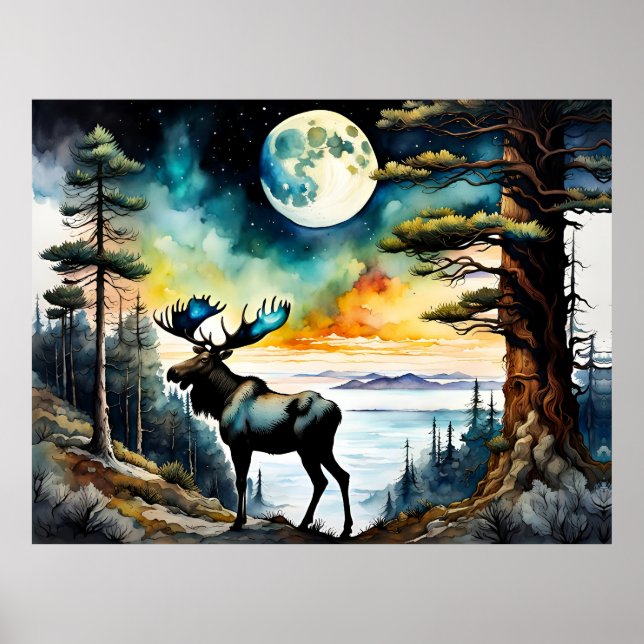 Alaskan Moose under the Moonlight Poster (Front)