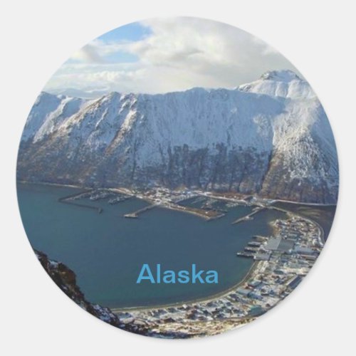 Alaskan Mountain Range and City Below Classic Round Sticker