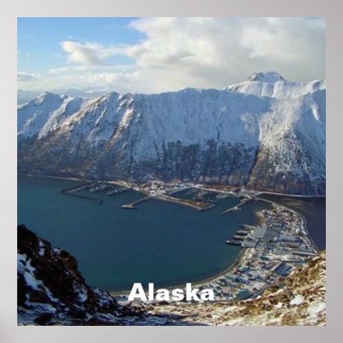 Alaskan Mountain Range and City Below Poster