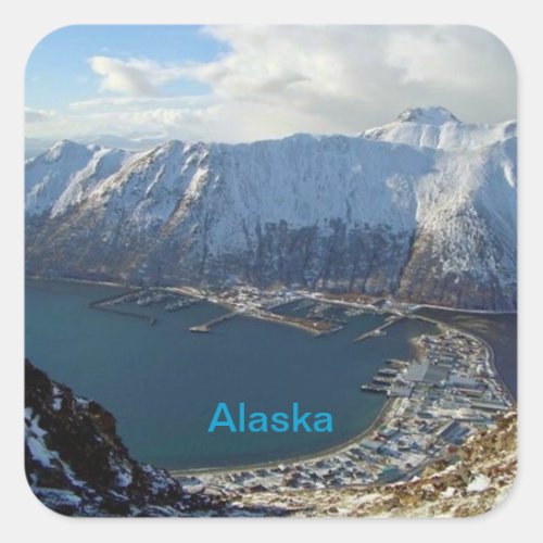 Alaskan Mountain Range and City Below Square Sticker