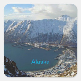 Alaskan Mountain Range and City Below Square Sticker