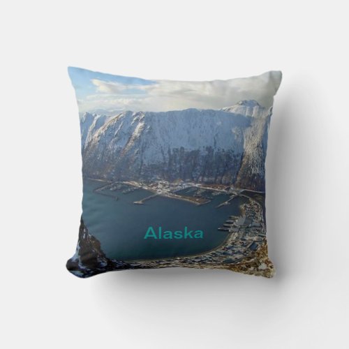 Alaskan Mountain Range and City Below Throw Pillow
