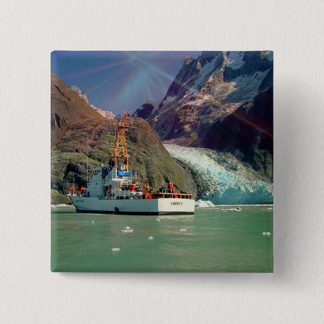 Alaskan Mountain View with Boat Pinback Button (Front)