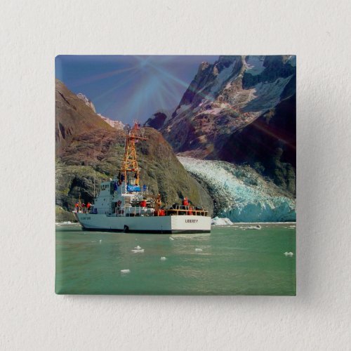 Alaskan Mountain View with Boat Pinback Button