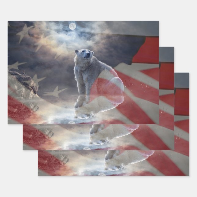 Alaskan Polar Bear American Flag Wrapping Paper Sheets (Set)