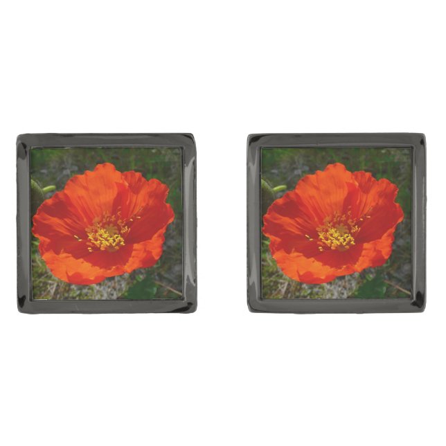 Alaskan Red Poppy Colorful Flower Cufflinks (Front)