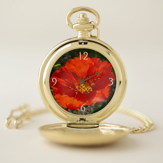 Alaskan Red Poppy Colorful Flower Pocket Watch (Inside)
