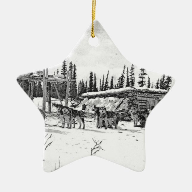 Alaskan Sled Dogs Standing Outside a Log Cabin Ceramic Ornament (Front)