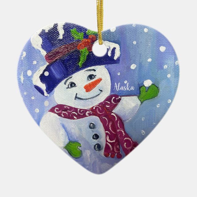 Alaskan Snowball Snowman heart ceramic ornament (Front)