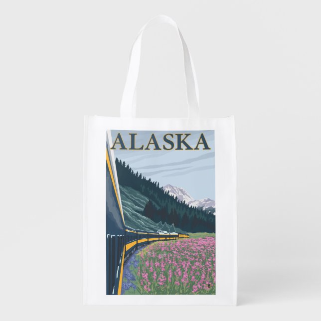 AlaskaRailroad and Fireweed Vintage Travel Reusable Grocery Bag (Front)