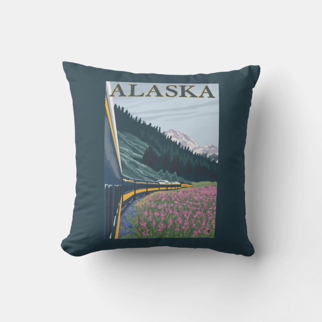 AlaskaRailroad and Fireweed Vintage Travel Throw Pillow (Front)