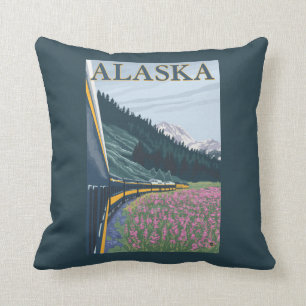 AlaskaRailroad and Fireweed Vintage Travel Throw Pillow