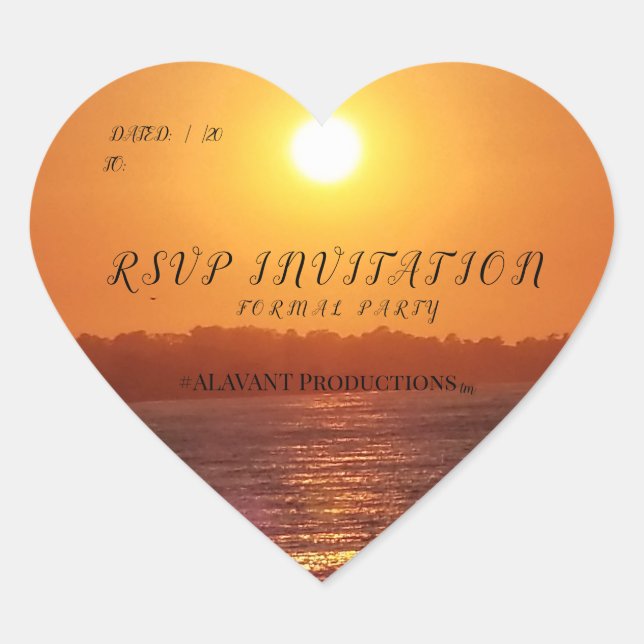 #ALAVANT Productions Sunset Ocean  Invitations Heart Sticker (Front)