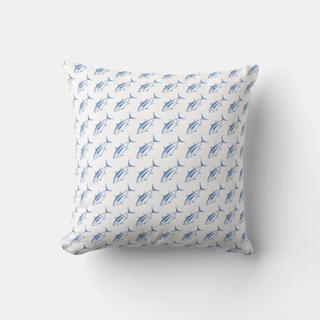 Albacore Tuna Fish in Aegean Blue and White Throw Pillow (Front)