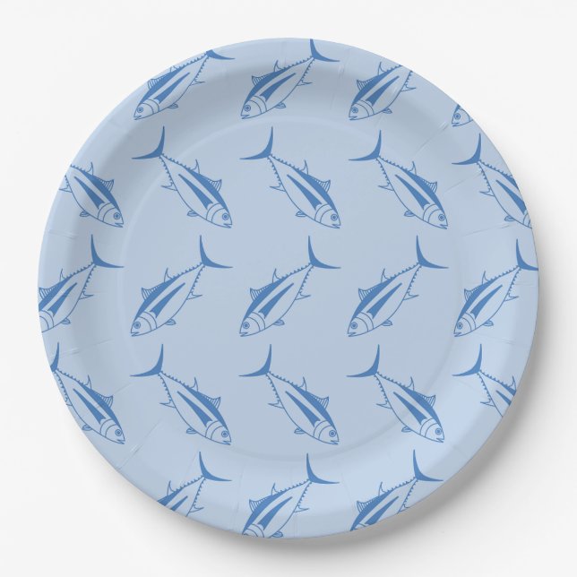 Albacore Tuna Fish in Aegean Blue on Pastel Blue Paper Plates (Front)
