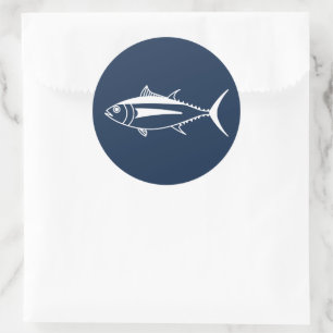 Albacore Tuna Fish in White on Marine Blue Classic Round Sticker