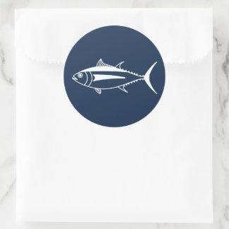 Albacore Tuna Fish in White on Marine Blue Classic Round Sticker