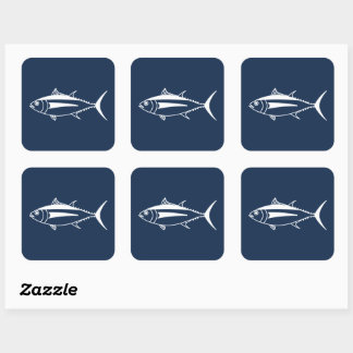 Albacore Tuna Fish in White on Marine Blue Square Sticker