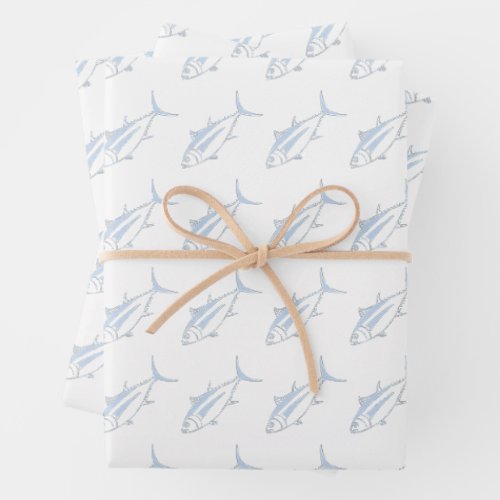 Albacore Tuna in Pastel Blue on White in Large Wrapping Paper Sheets