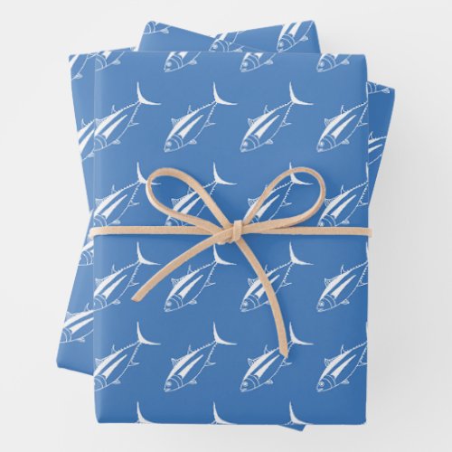 Albacore Tuna in White on Aegean Blue in Large Wrapping Paper Sheets